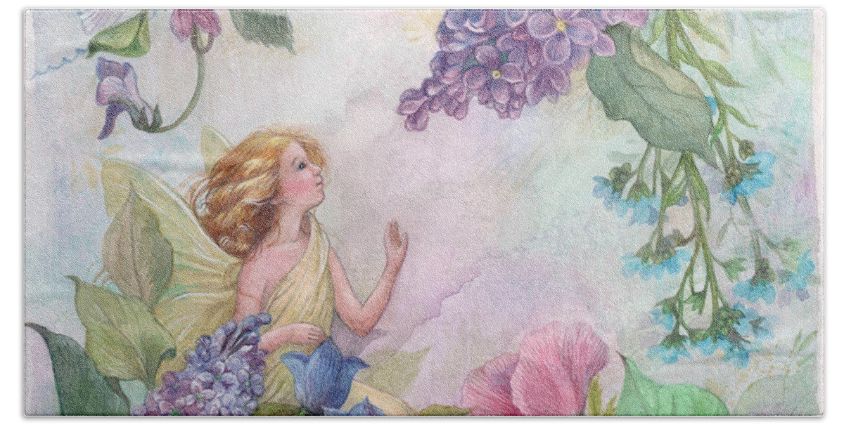 Enchanting Beach Sheet featuring the painting Lilac enchanting Flower fairy by Judith Cheng