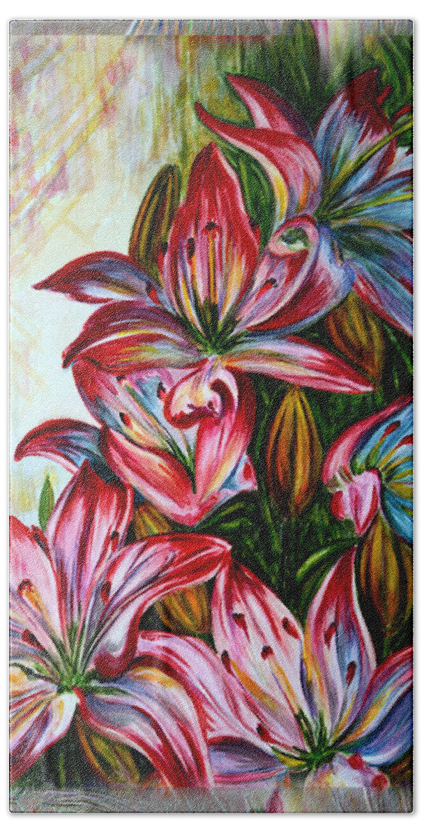 Lilies Beach Sheet featuring the painting Lilies Fantasy by Harsh Malik