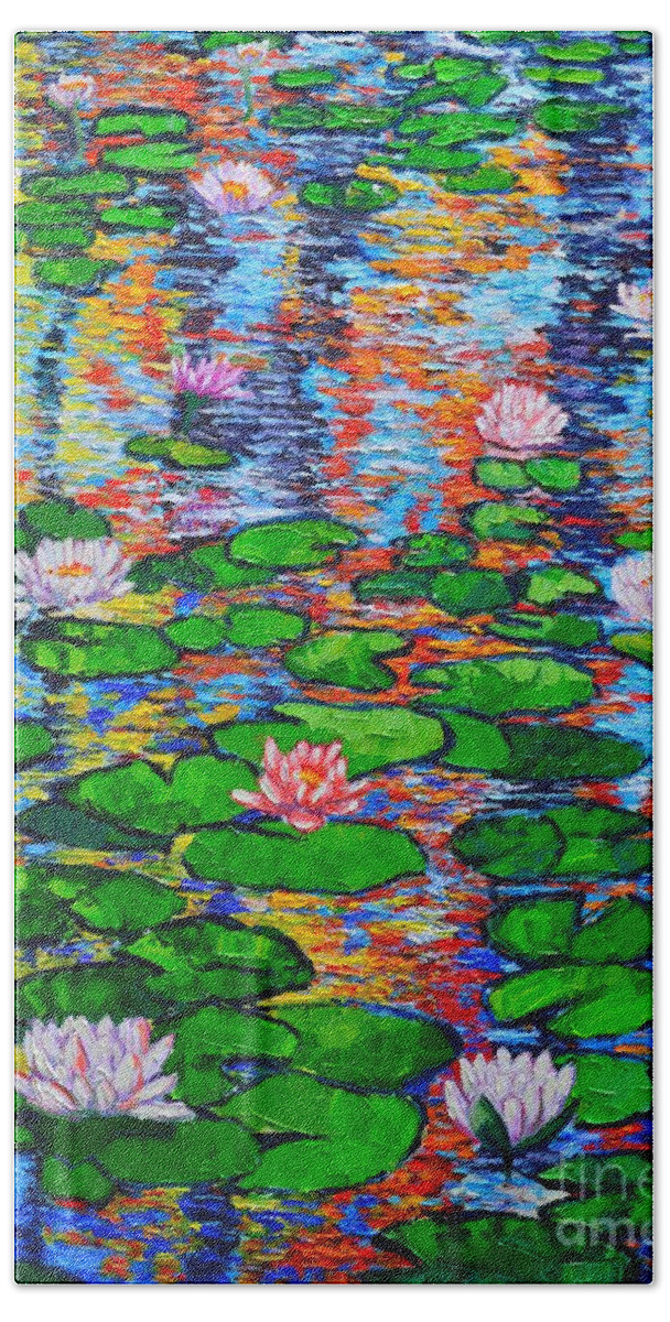 Lilies Beach Towel featuring the painting Lily Pond Colorful Reflections by Ana Maria Edulescu