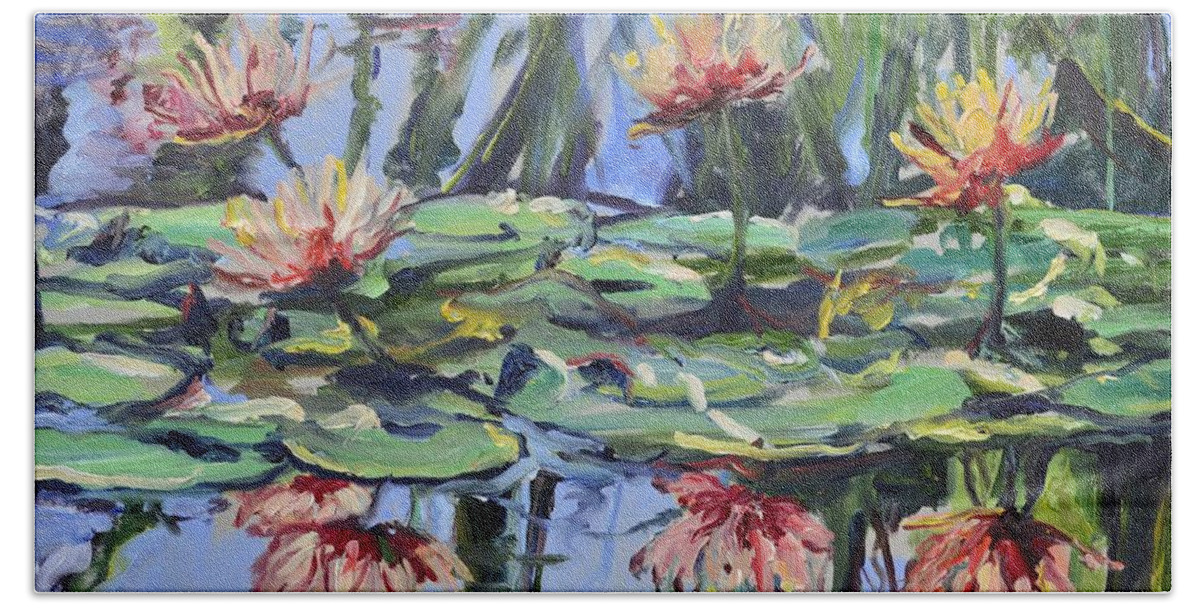Lily Beach Sheet featuring the painting Lily Pond Reflections by Donna Tuten