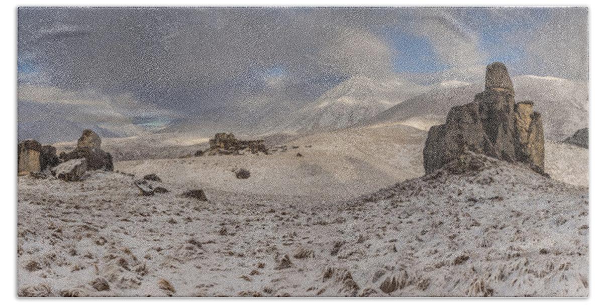 Colin Monteath Beach Towel featuring the photograph Limestone Boulders And Snow by Colin Monteath