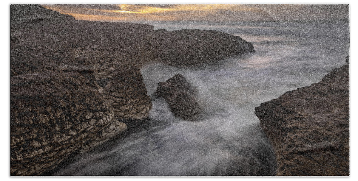 535896 Beach Towel featuring the photograph Limestone Rocks And Waves On Paterau by Colin Monteath