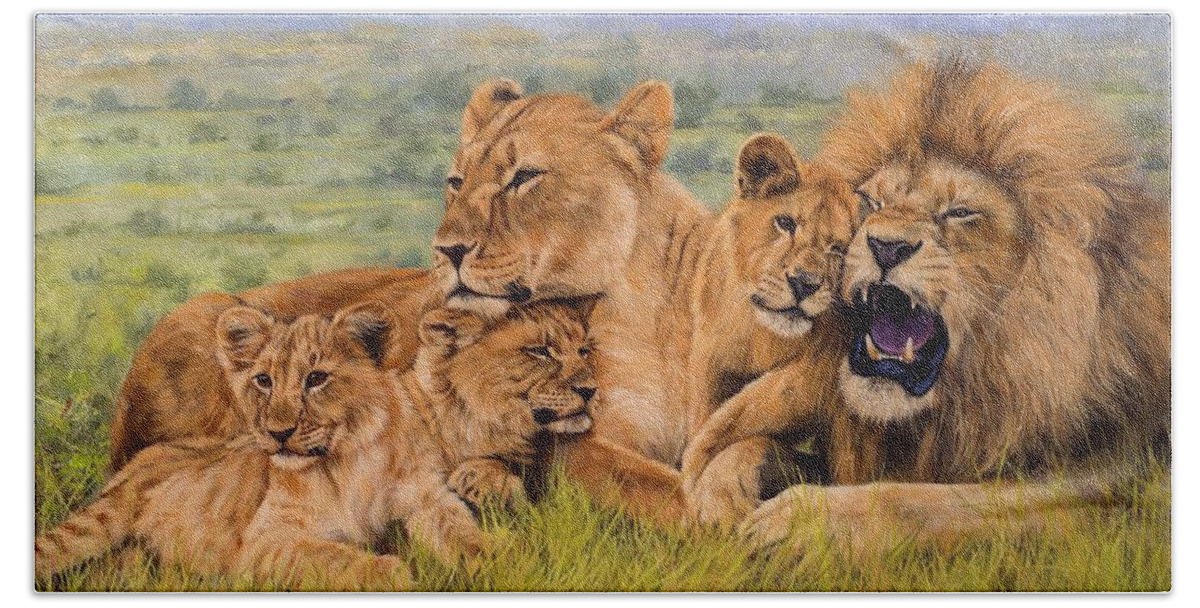 Lion Beach Towel featuring the painting Lion Family by David Stribbling