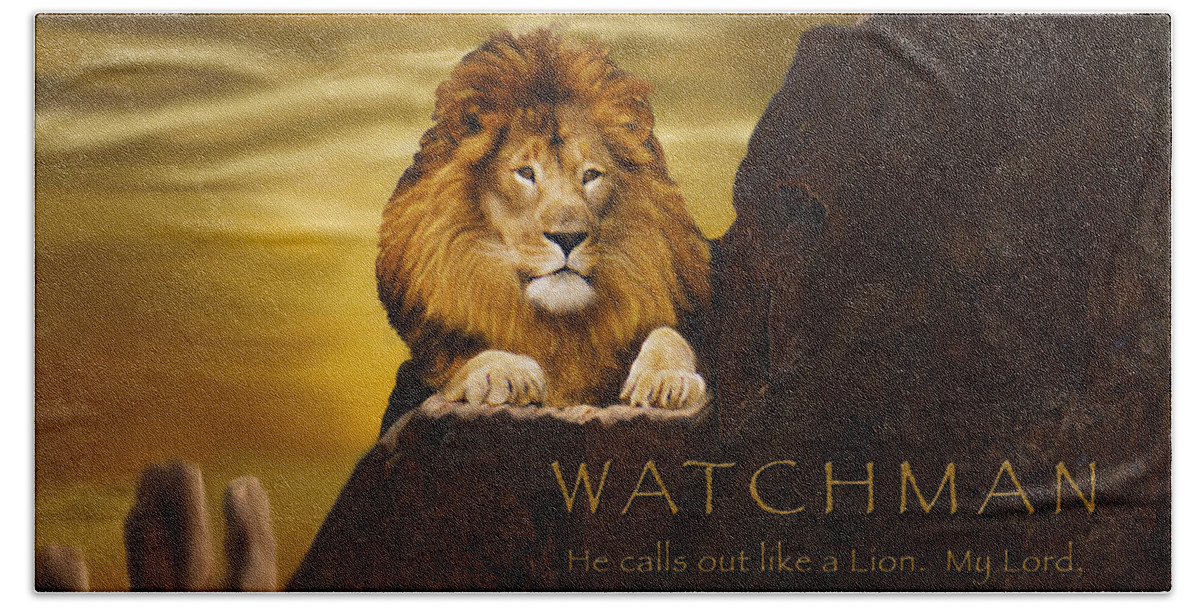 Lion Beach Towel featuring the digital art Lion Watchman by Constance Woods