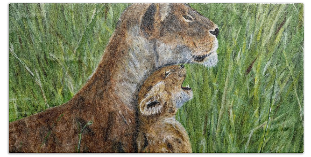 Kenya Beach Towel featuring the painting Lioness and Cub Painting by Timothy Hacker