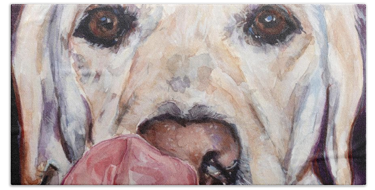Yellow Lab Beach Towel featuring the painting Lip Smacker by Molly Poole