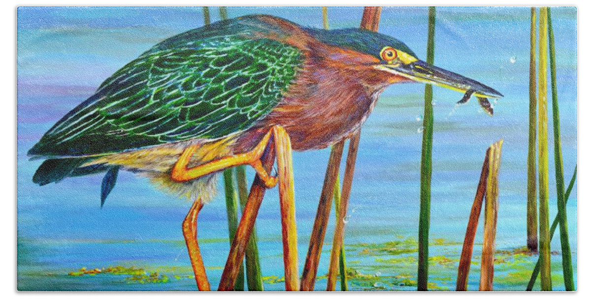 Perch Beach Towel featuring the painting Little Green Heron by AnnaJo Vahle