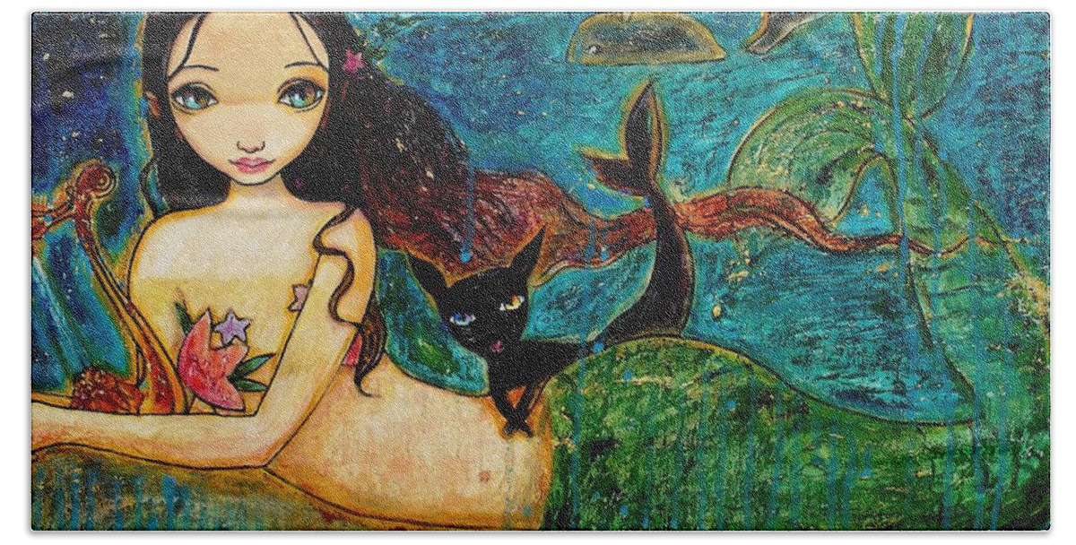 Mermaid Art Beach Towel featuring the painting Little Mermaid by Shijun Munns