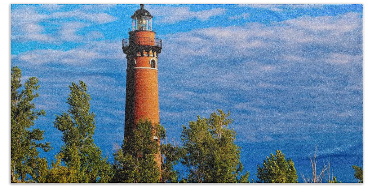 Lighthouse Beach Towel featuring the photograph Little Sable from a hill by Nick Zelinsky Jr