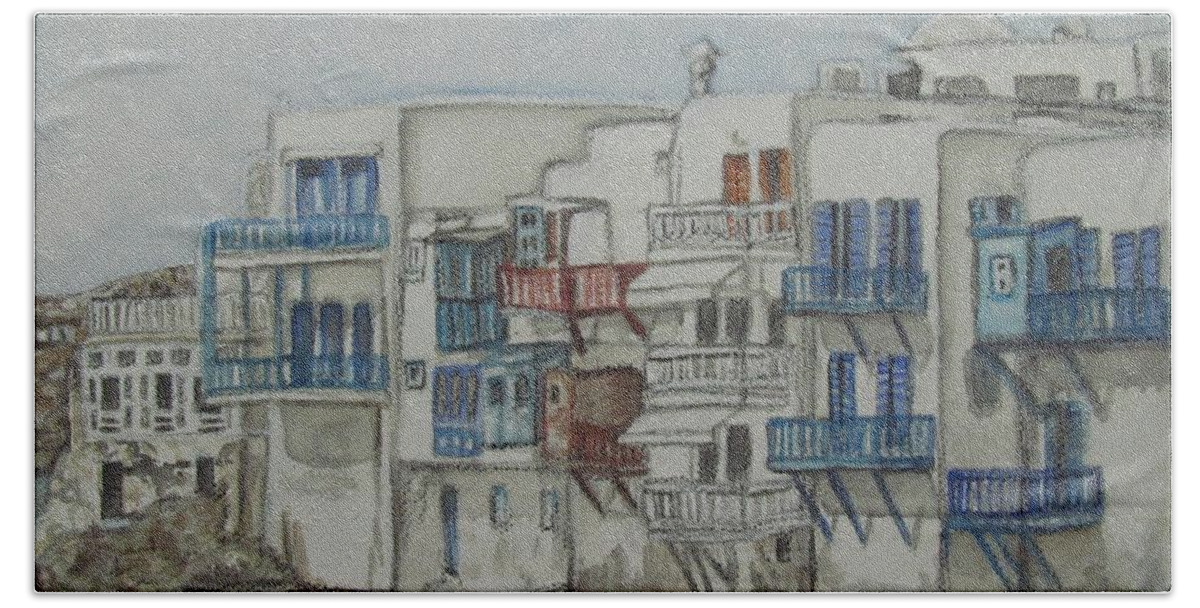 Watercolour Paintings Beach Towel featuring the painting Little Venice Mykonos Greece by Malinda Prud'homme