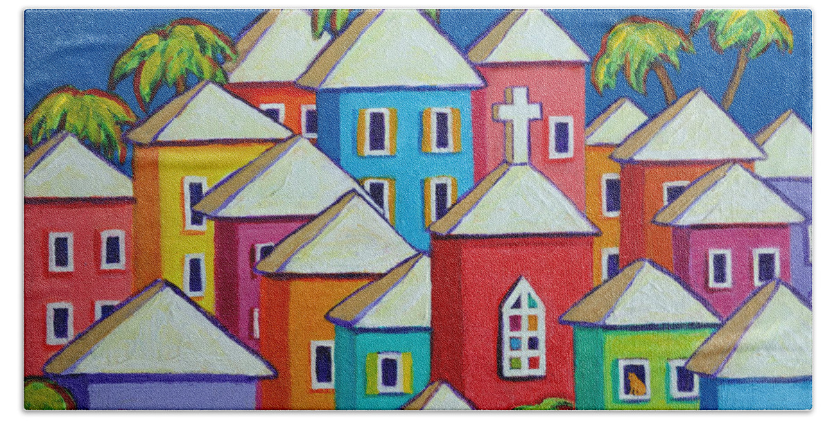 Colorful Houses Beach Towel featuring the painting Colorful Houses Tropical Caribbean - Little Village by Rebecca Korpita