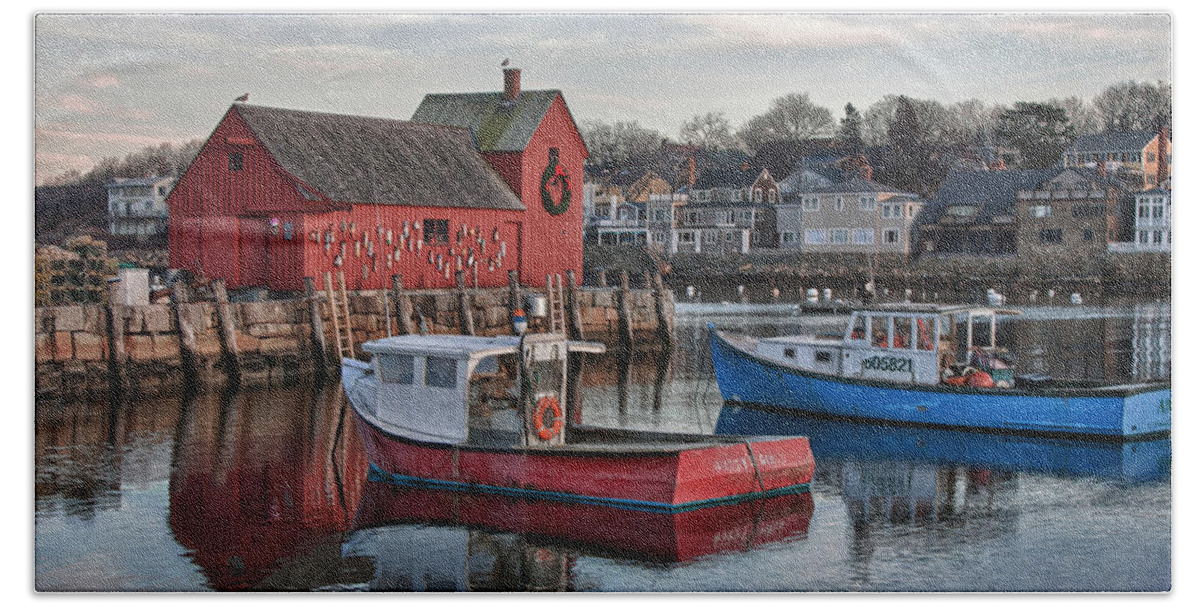 Motif Number One Rockport Lobster Shack By Jeff Folger Beach Towel featuring the photograph Lobster boats at Motif 1 by Jeff Folger