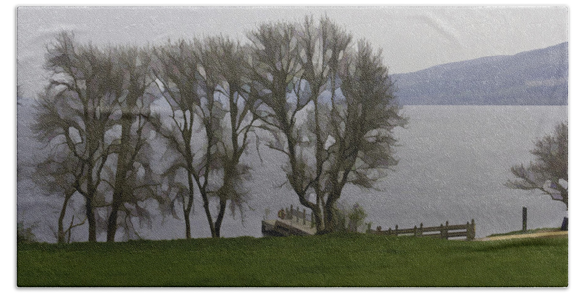 Boat Jetty Beach Sheet featuring the digital art Loch Ness and boat jetty next to Urquhart Castle by Ashish Agarwal