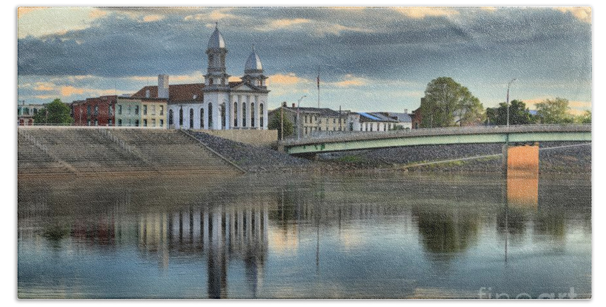 Lock Haven Court House Beach Towel featuring the photograph Lock Haven Clock Tower Reflections by Adam Jewell