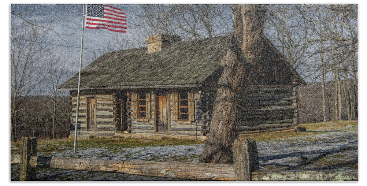 Art Beach Towel featuring the photograph Log Cabin Outpost in Missouri with American Flag by Randall Nyhof