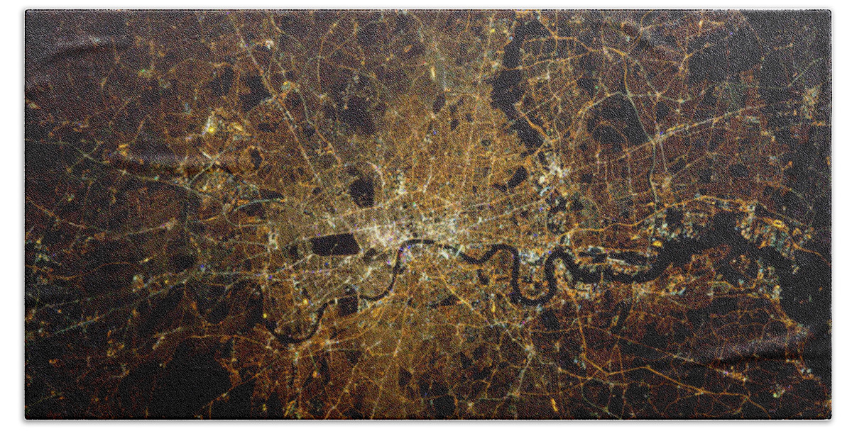 Satellite Image Beach Towel featuring the photograph London At Night, Satellite Image by Science Source