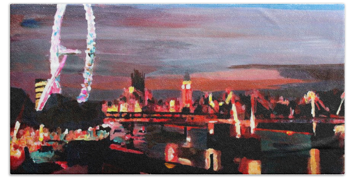 London Beach Towel featuring the painting London Eye Night by M Bleichner
