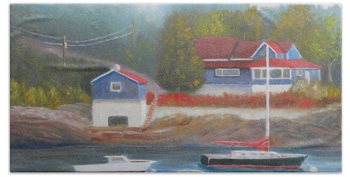 Landscape Boats Boat House Ocean Harbor Rocks Beach Sheet featuring the painting Long Cove by Scott W White