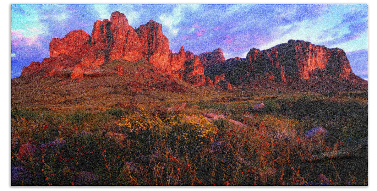 Landscape Desert Arizona Superstitions Wilderness Tonto National Forest Apache Junction Arizona Phoenix Arizona Mesa Arizona Gilbert Arizona Spring Flowers Sunset Flat Iron Arizona Sunset Apache Trail Lost Dutchman Mine Beach Towel featuring the photograph Lost Dutchmans State Park Arizona by Reed Rahn