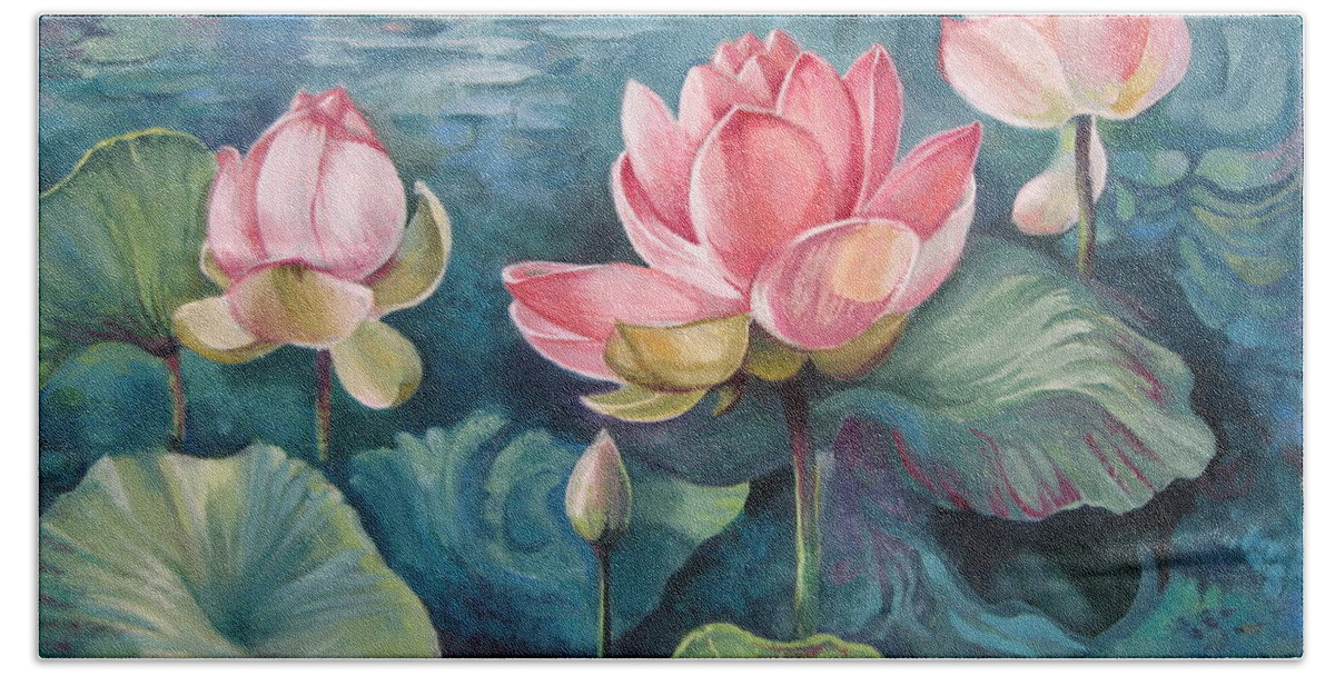 Lotus Flower Beach Towel featuring the painting Lotus pond by Elena Oleniuc