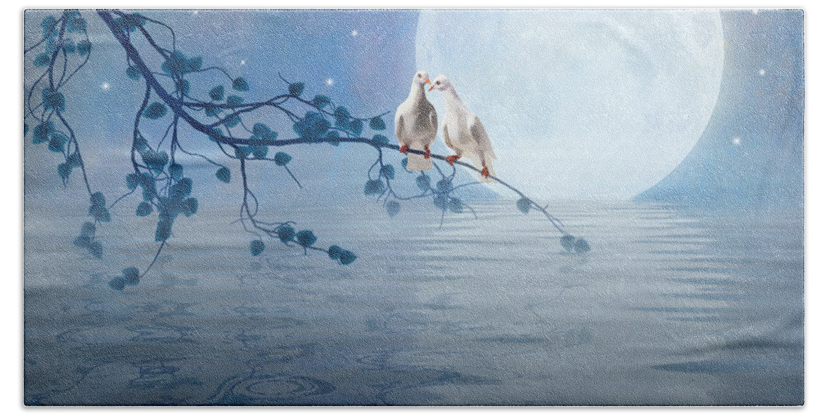 Animals Beach Towel featuring the digital art Love Birds by the Light of the Moon by Nina Bradica