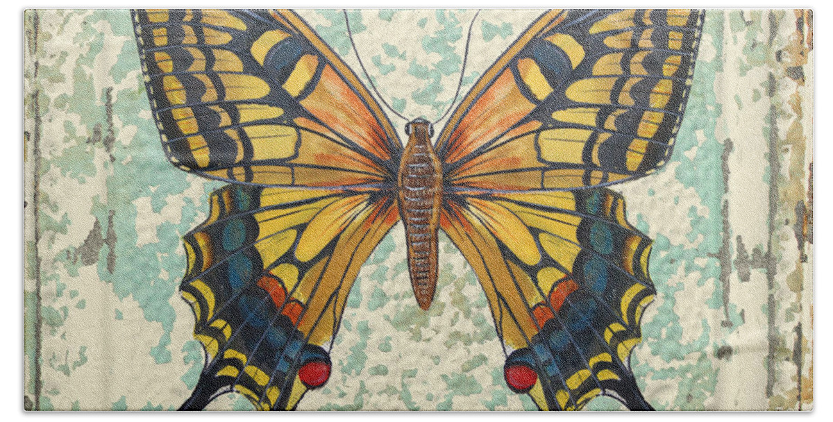 Acrylic Painting Beach Towel featuring the painting Lovely Yellow Butterfly on Tin Tile by Jean Plout