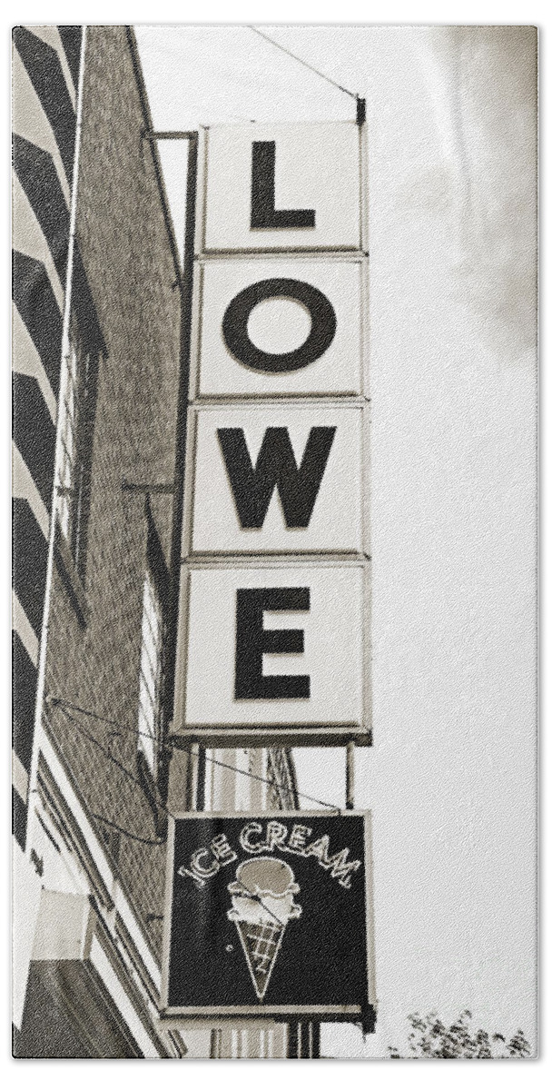 Lowe Drug Store Sign Bw Beach Towel featuring the photograph Lowe Drug Store Sign BW by Andee Design