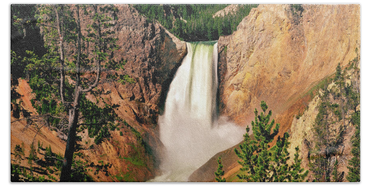 Yellowstone National Park Beach Towel featuring the photograph Lower Falls from Red Rock Point by Greg Norrell