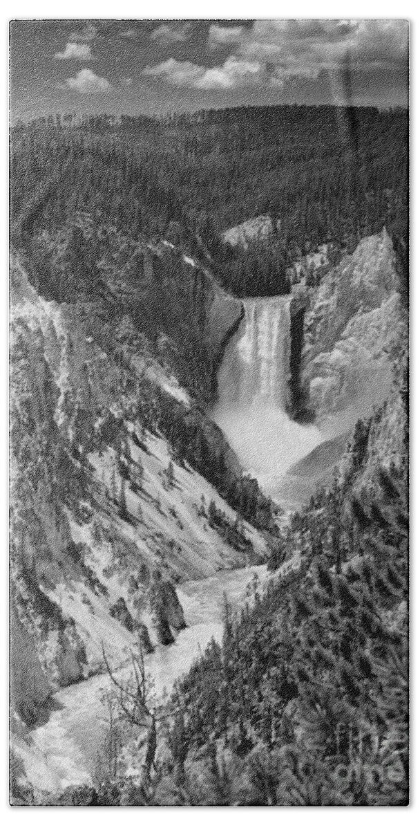 Waterfall Beach Towel featuring the photograph Lower Falls of Yellowstone B W by Jemmy Archer