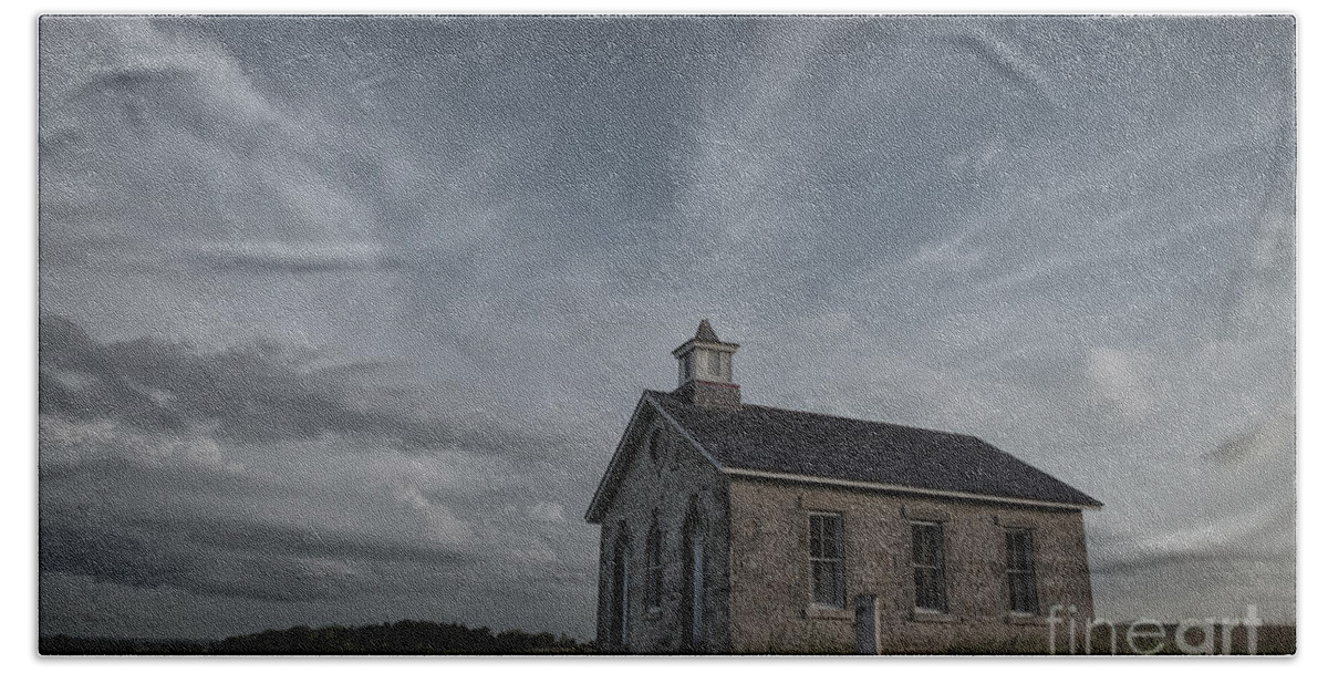 School; School House; Schoolhouse; Old School House; Built Structure; City; Architecture; Outdoors; Landmark; Historical Landmark; Tranquil Scene; Past; History; Travel Destinations; Old Ruin; Usa; Ancient; Stone; Sunset; Color Image; Abandoned; Old Building; Ruins; Ruin; School House Kansas Prairie Preserve; Tallgrass Prairie National Preserve; Fox Creek; Lower Fox Creek Schoolhouse; Lower Fox Creek School; Single Room School Beach Towel featuring the photograph Lower Fox Creek School by Keith Kapple