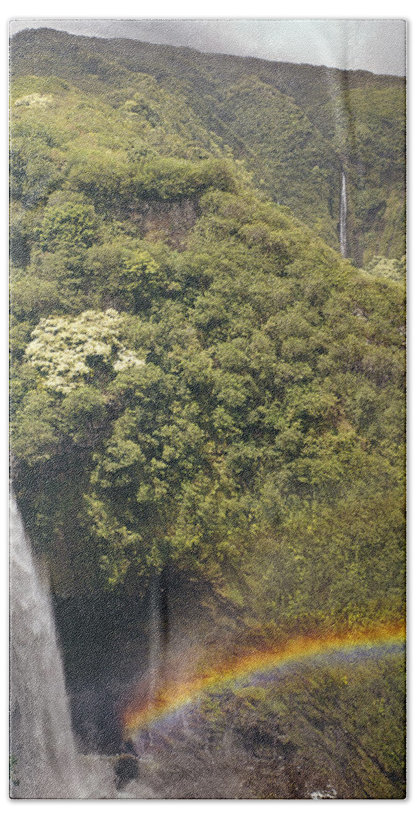 Lower Palikea Falls Beach Towel featuring the photograph 100714-Lower Palikea Falls and Waimoku Falls by Ed Cooper Photography