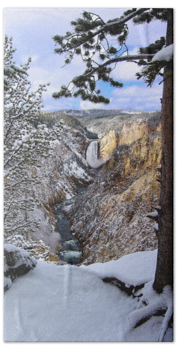 Waterfall Beach Towel featuring the photograph Lower Yellowstone Falls in October by Robert Woodward