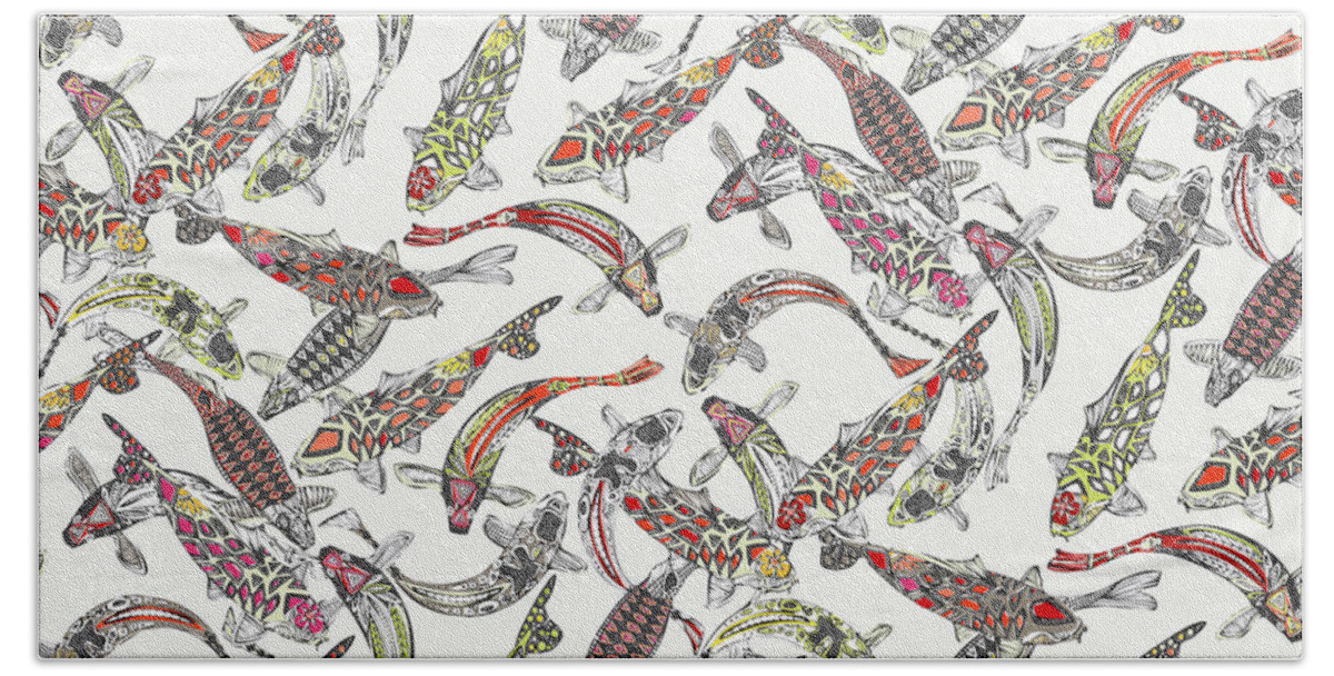 Carp Beach Towel featuring the drawing Lucky Koi Off White by MGL Meiklejohn Graphics Licensing