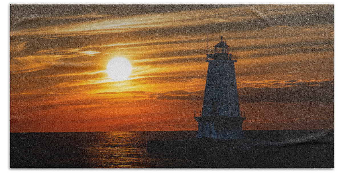 Art Beach Towel featuring the photograph Ludington Pier Lighthead at Sunset by Randall Nyhof