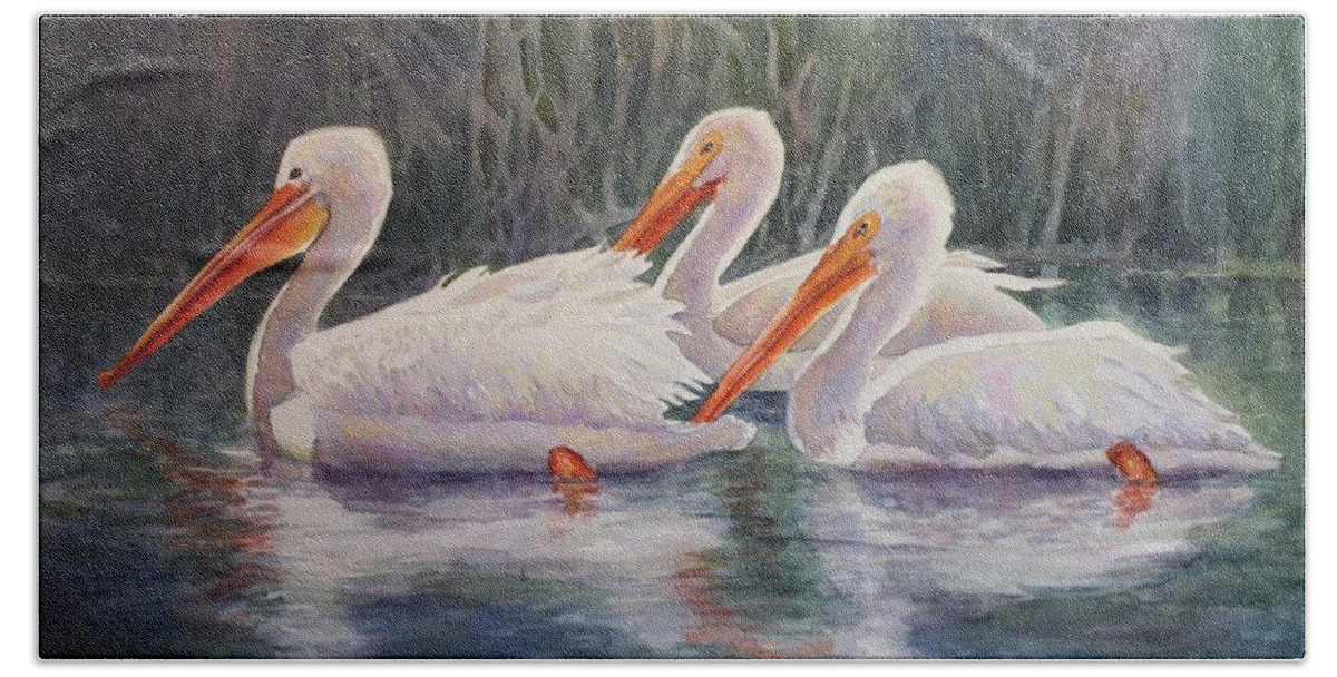 White Pelicans Beach Towel featuring the painting Luminous White Pelicans by Roxanne Tobaison