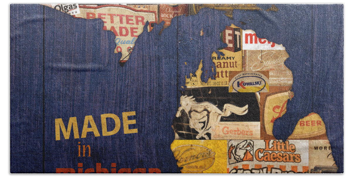 Made In Michigan Products Vintage Map On Wood Kelloggs Better Made Faygo Ford Chevy Gm Little Caesars Strohs Pioneer Sugar Lazy Boy Detroit Lansing Grand Rapids Flint Mustang Meijer Olgas Vernors Gerber Kowalski Sausage Corn Flakes Beach Towel featuring the mixed media Made in Michigan Products Vintage Map on Wood by Design Turnpike