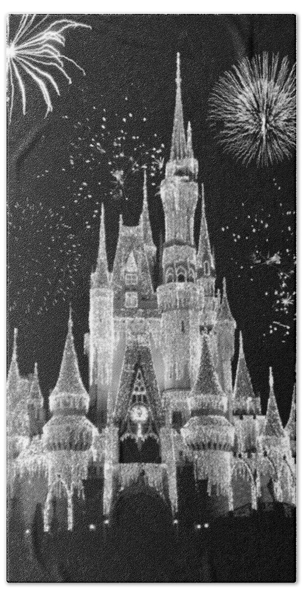 Black And White Beach Sheet featuring the photograph Magic Kingdom Castle in Black and White with Fireworks Walt Disney World by Thomas Woolworth