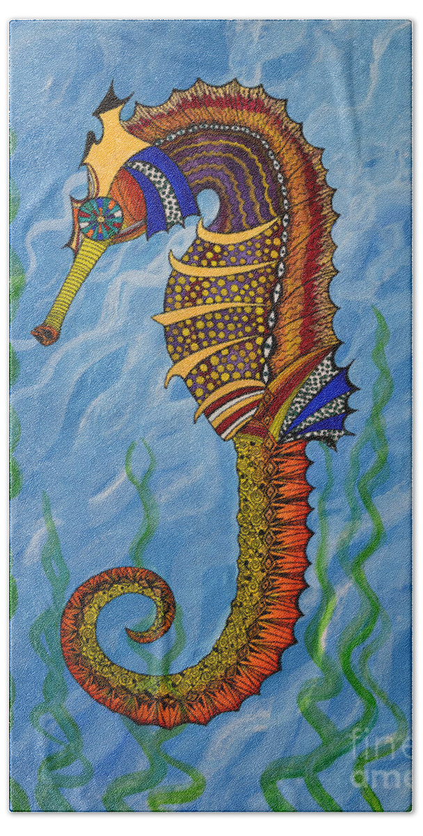 Seahorse Beach Towel featuring the painting Magical Seahorse by Suzette Kallen