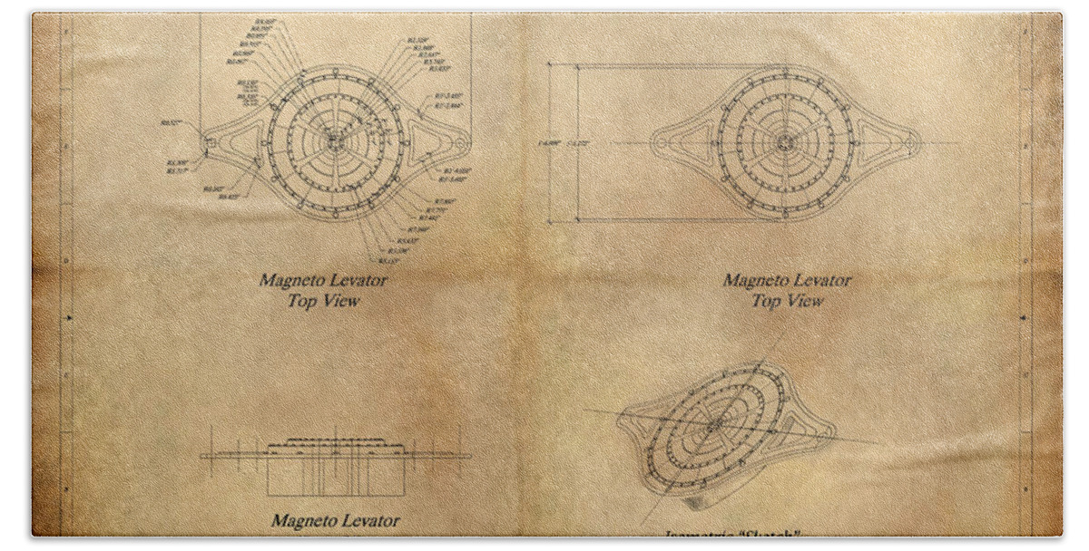 Steampunk; Gears; Housing; Cogs; Machinery; Lathe; Columns; Brass; Copper; Gold; Ratio; Rotation; Elegant; Forge; Industry; Jules Verne Beach Towel featuring the painting Magneto System Blueprint by James Hill