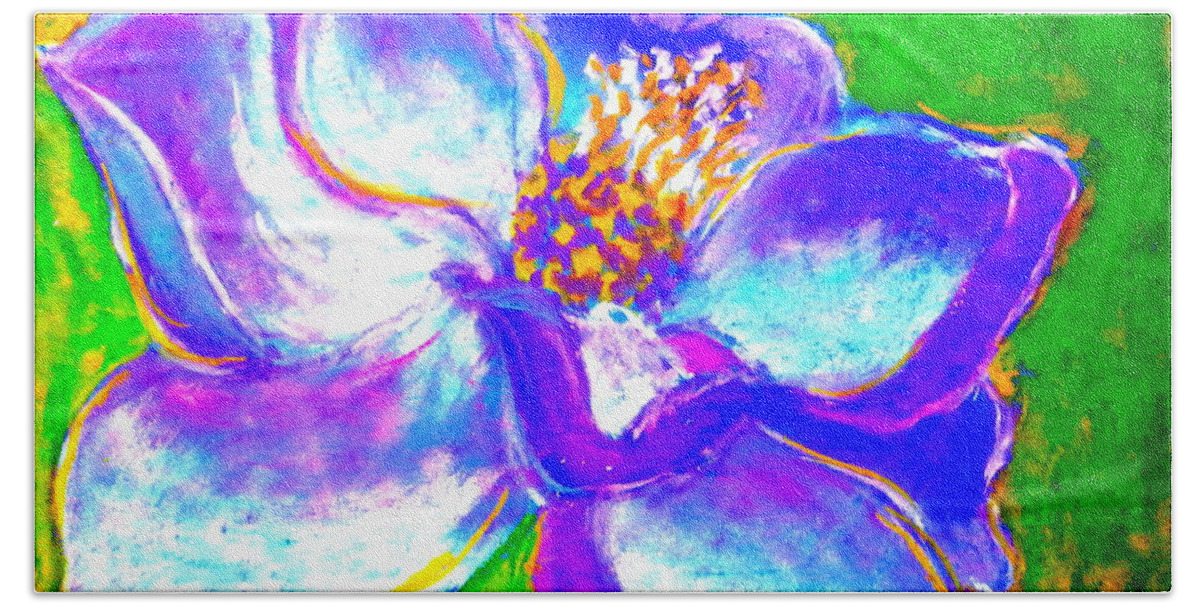 White Child's-room Childs Child's Room Vivid Drawing Sketch Loose Distinctive Funny Fun Cheerful Brighten Purple Blue Green Flowers Floral Flora Flowery Sun-flowery Living-room Bedroom Summer Spring Fall Autumn Sojisch Sun-flower Sun Beach Towel featuring the painting Magnolia Flower by Sue Jacobi