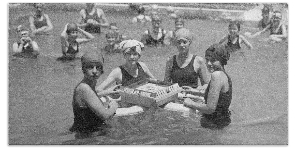 1920s Beach Towel featuring the photograph Mahjong In The Pool by Underwood Archives