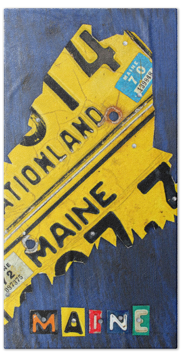 Maine Beach Towel featuring the mixed media Maine License Plate Map Vintage Vacationland Motto by Design Turnpike