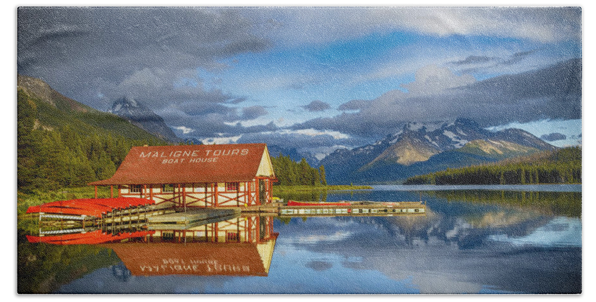 Mountain Beach Towel featuring the photograph Maligne Boat House by Mary Jo Allen