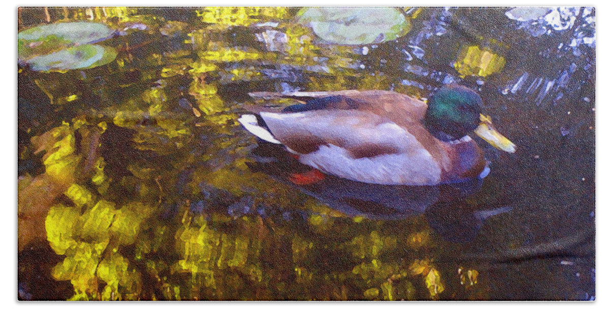 Landscapes Beach Towel featuring the painting Mallard Duck on Pond 2 by Amy Vangsgard