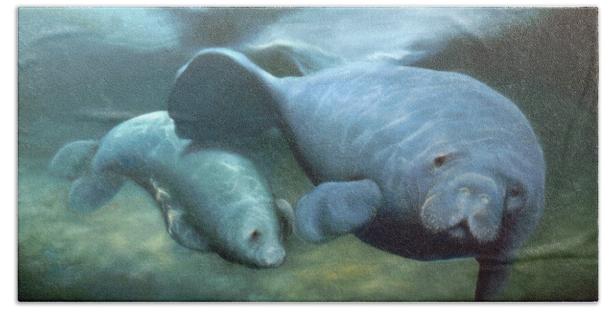 Manatees Beach Towel featuring the painting Manatee Madonna by Anni Adkins