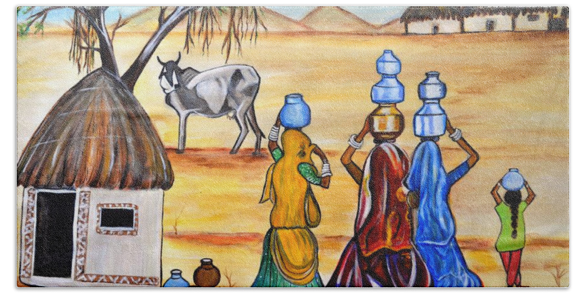 Gujrat Beach Towel featuring the painting Manthan-Gujrat women empowermenmt by Manjiri Kanvinde
