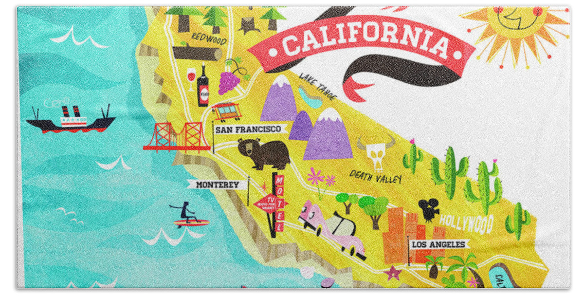 Adult Beach Towel featuring the photograph Map Of Tourist Attractions In California by Ikon Ikon Images