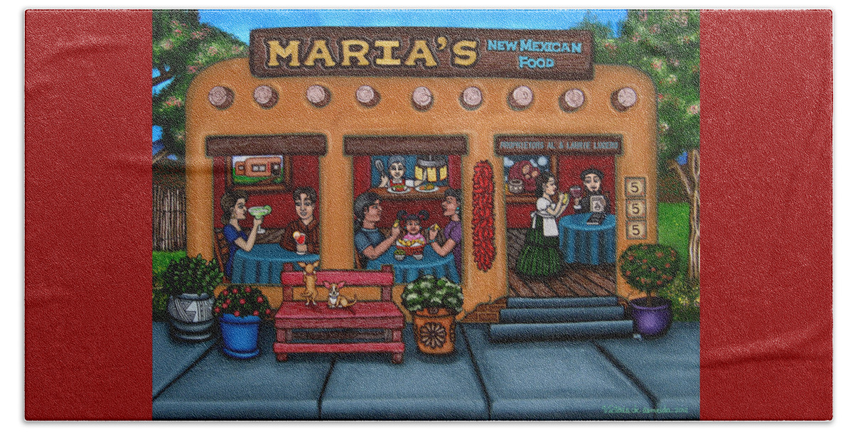 Folk Art Beach Towel featuring the painting Maria's New Mexican Restaurant by Victoria De Almeida