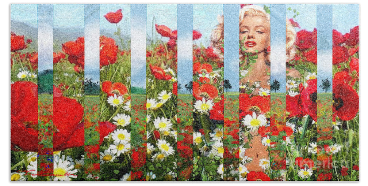 Marilyn Beach Towel featuring the painting Marilyn in poppies 1 by Theo Danella