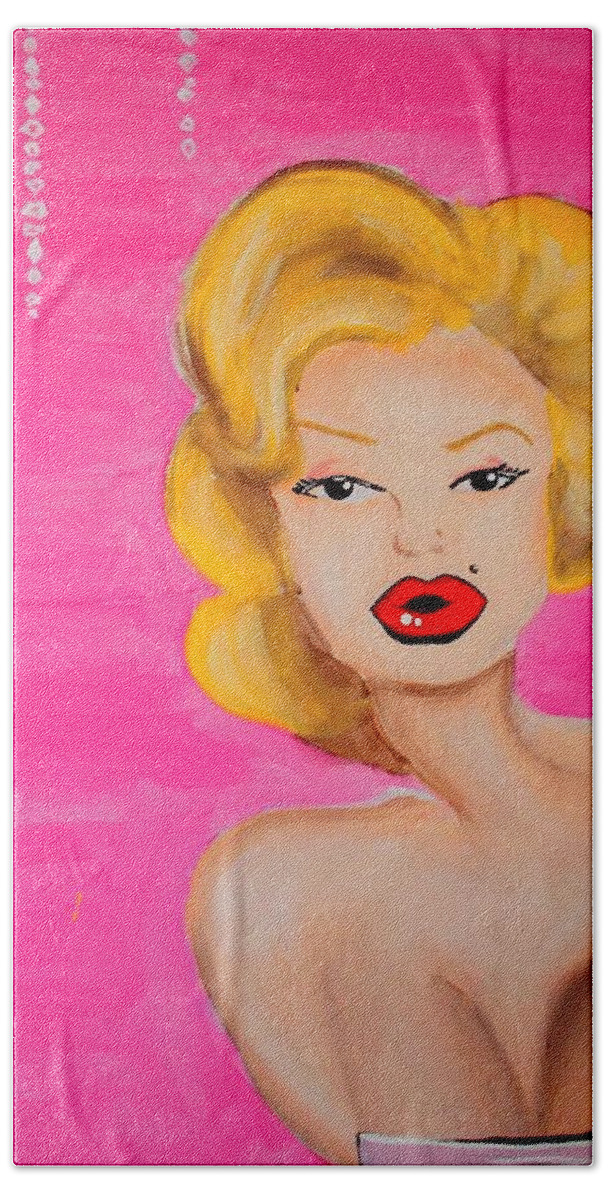 Marilyn Beach Towel featuring the painting Marilyn Monroe Pink by Marisela Mungia